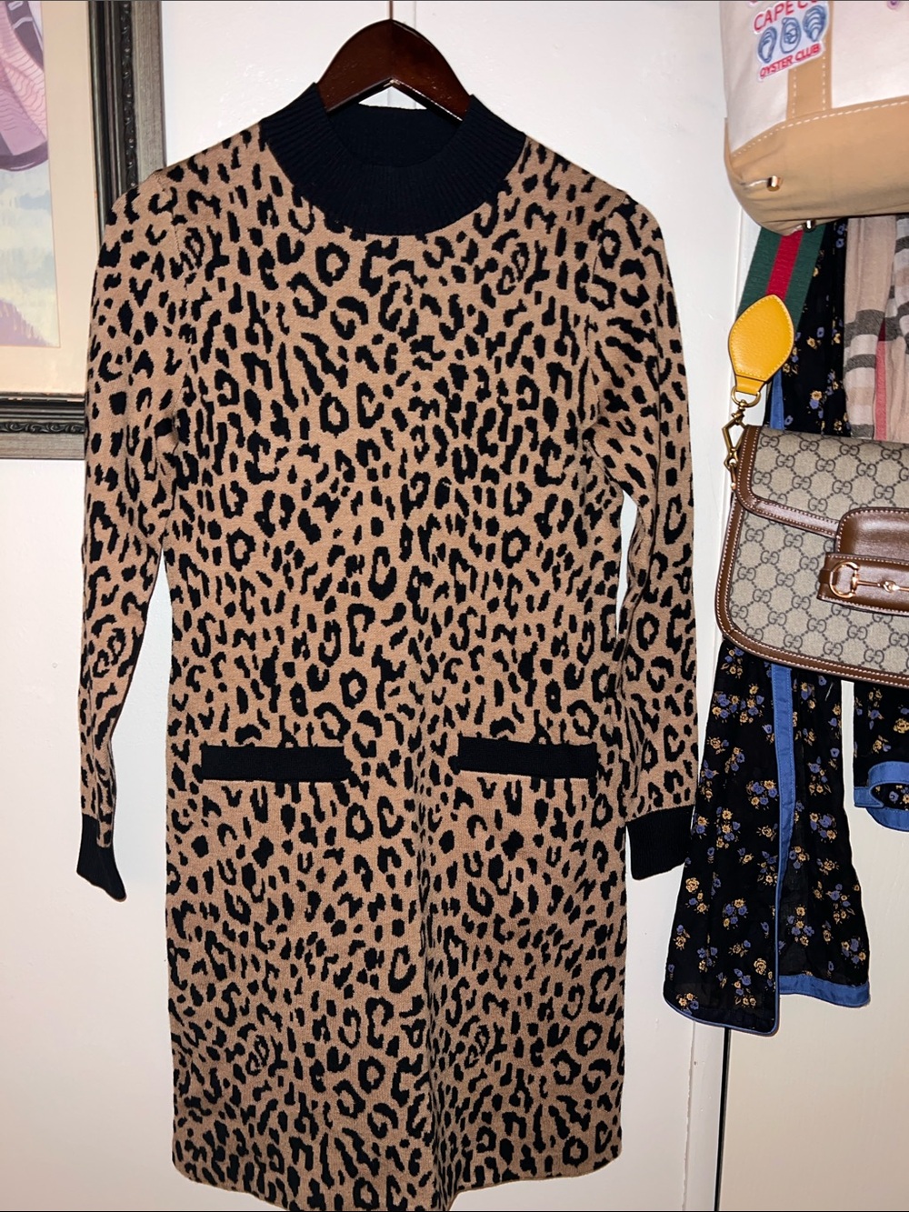 J. Crew Tan and Black Leopard-Print Sweater Dress.